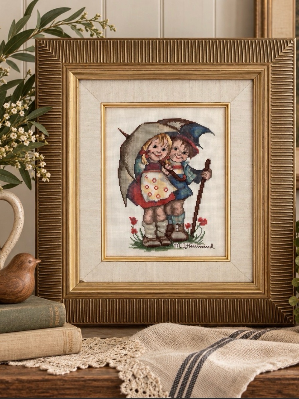 Vintage M.I. Hummel Framed Cross Stitch Needlepoint Children Umbrella Wall Art